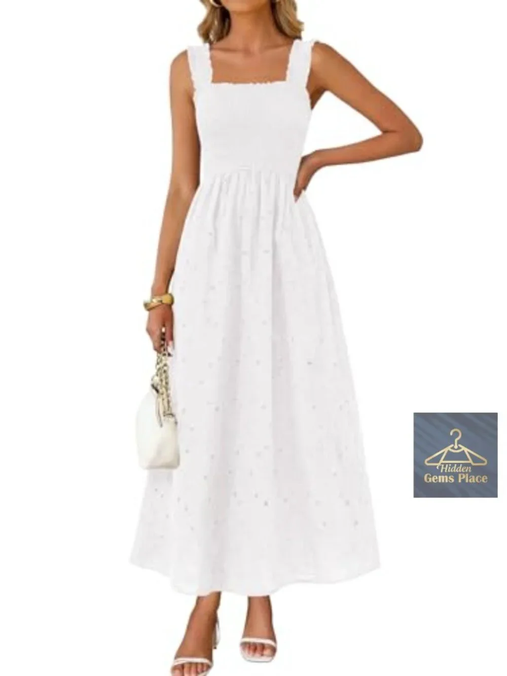 Women's Eyelet Lace Maxi Sundress - Smocked Boho Cotton Dress